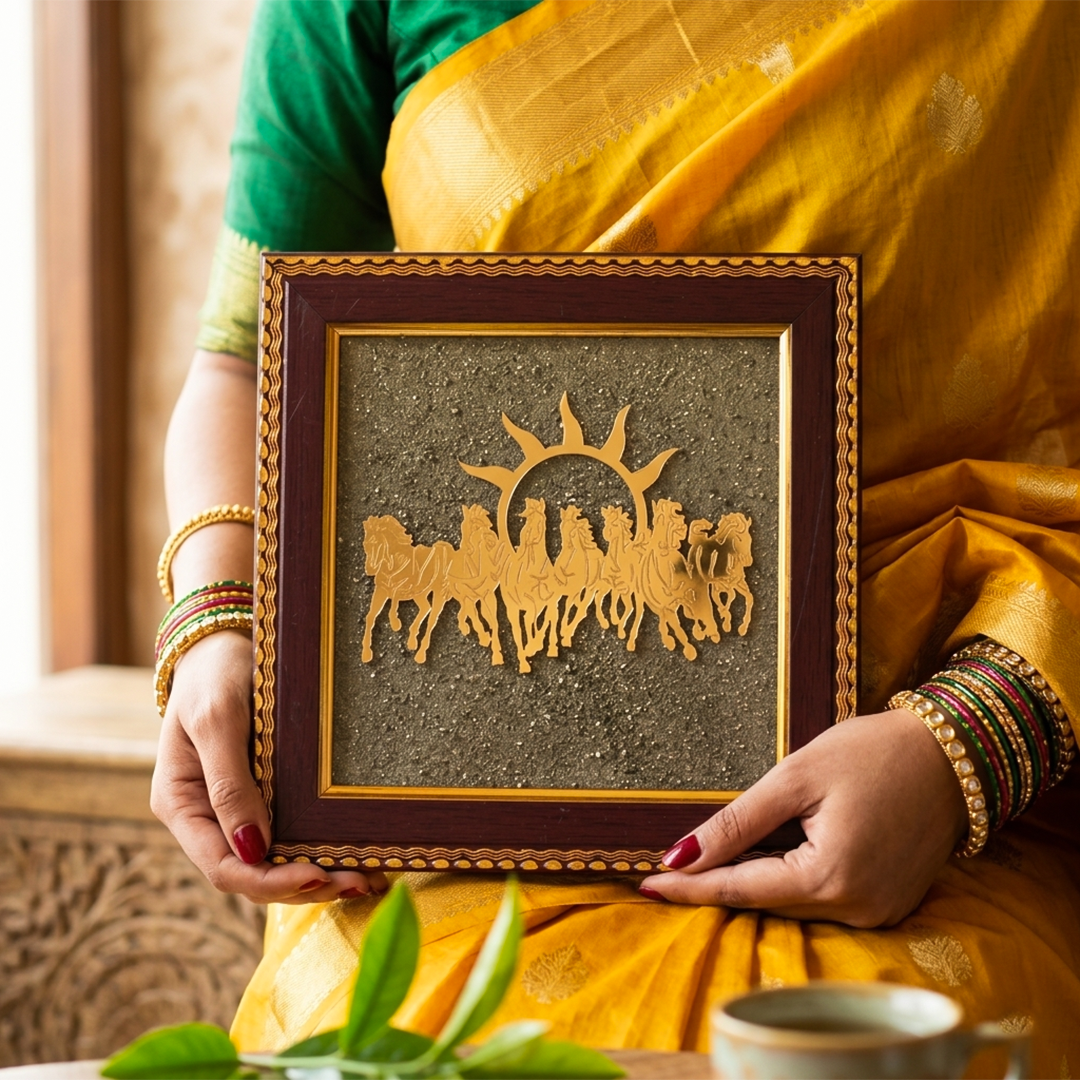 Kaliva Healing Zone 7 Horses on Raw Pyrite Frame – Vastu Wealth & Success Energy Decor for Home & Office