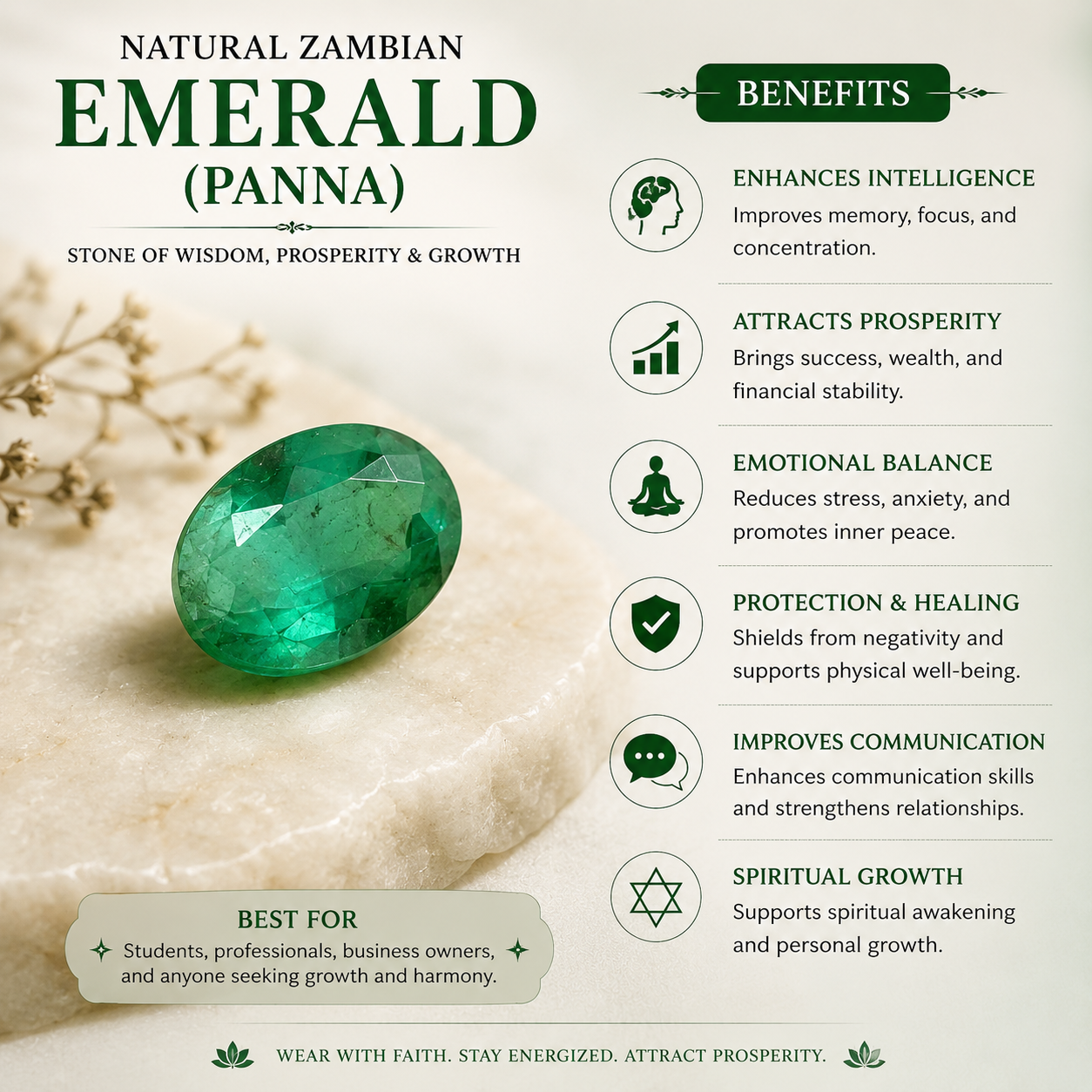 6 Carat Zambian Panna (Emerald) Gemstone – Mercury (Budh) Stone for Intelligence, Business Growth & Communication (Natural & Certified) Kaliva