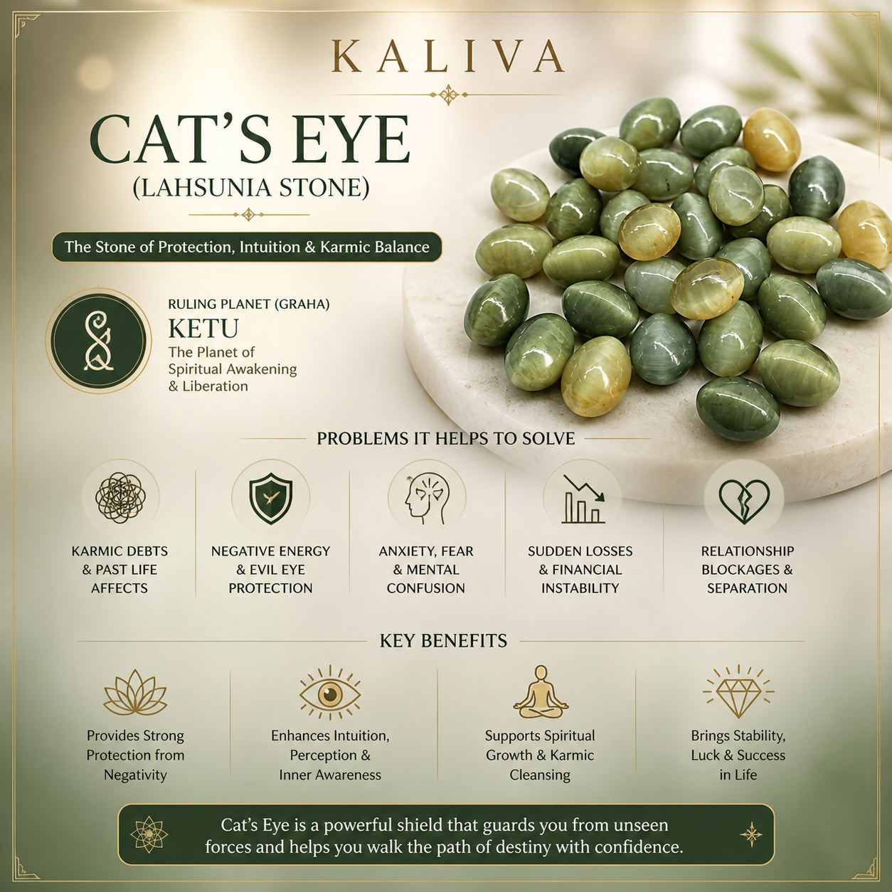 (6 Carat) Ceylon Kaliva Cat’s Eye (Lehsunia) Gemstone – Ketu Stone for Protection, Luck & Sudden Gains (Natural & Certified)