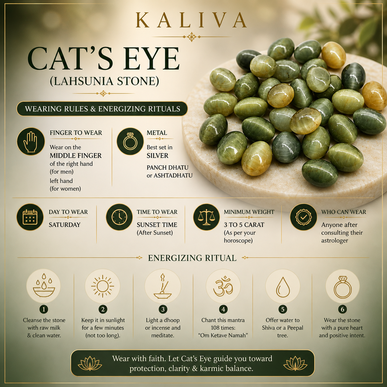 (6 Carat) Ceylon Kaliva Cat’s Eye (Lehsunia) Gemstone – Ketu Stone for Protection, Luck & Sudden Gains (Natural & Certified)