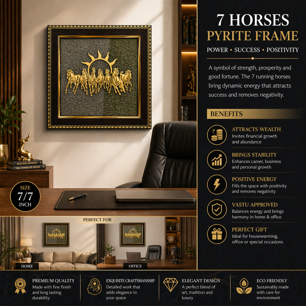 Kaliva Healing Zone 7 Horses on Raw Pyrite Frame – Vastu Wealth & Success Energy Decor for Home & Office