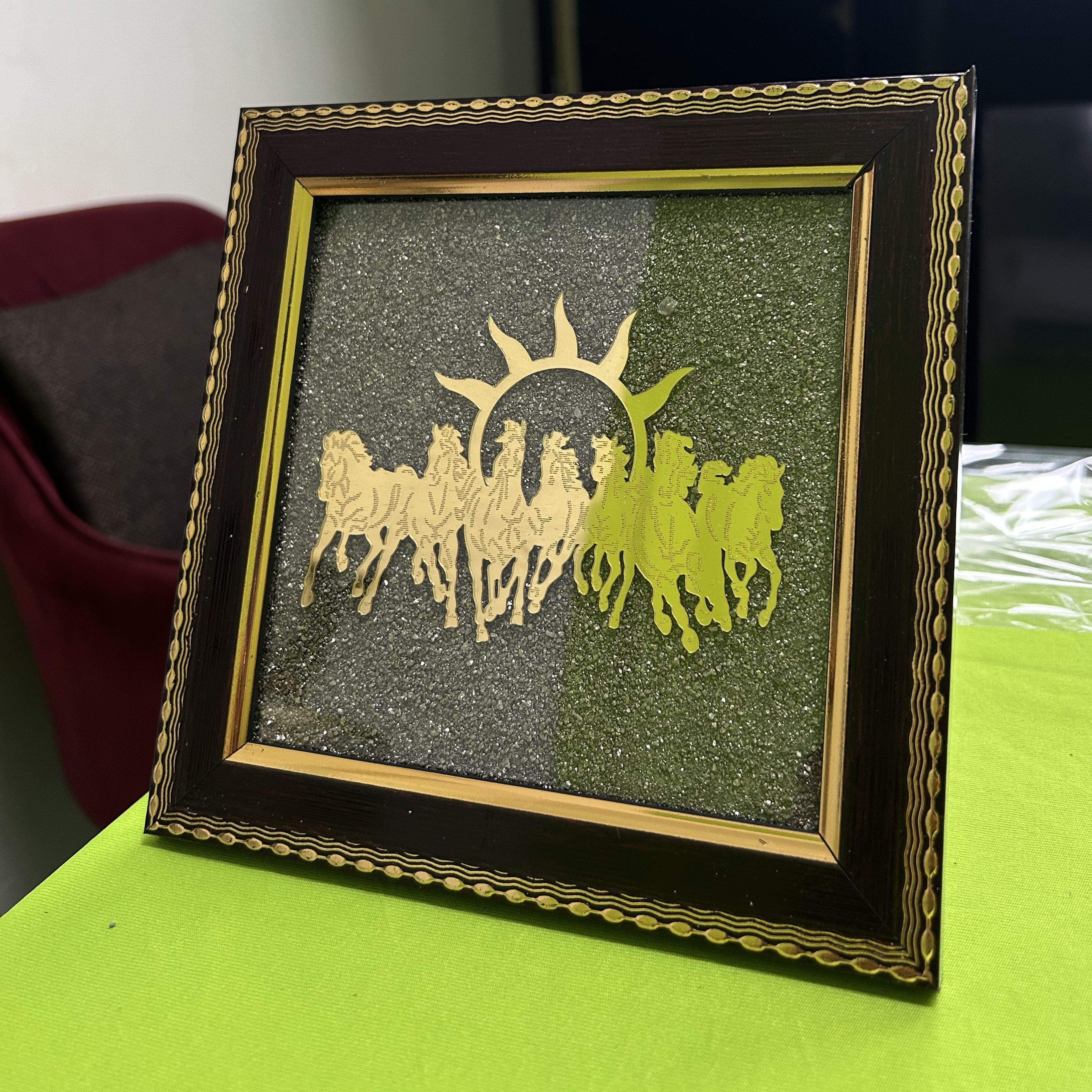 Kaliva Healing Zone 7 Horses on Raw Pyrite Frame – Vastu Wealth & Success Energy Decor for Home & Office